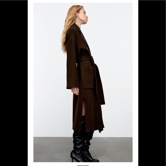 NWT ZARA BELTED WOOL COAT SZ XS WRAP COAT BROWN - Picture 3 of 9